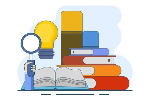 Book reference concept, library, stack of books and light bulb. literature. Ilustración de archivo