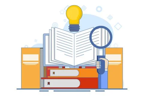 Book reference concept, library, stack of books and light bulb. literature. Ilustración de archivo