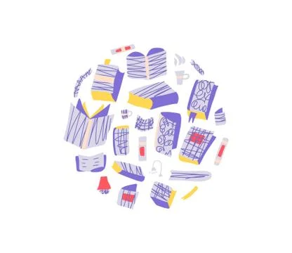 Book round composition. Set in flat style. Book club concept. Symbols of read Stock Illustration