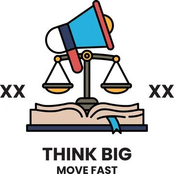 A book with a scale and an open book with the words Think Big Move East Stock Illustration
