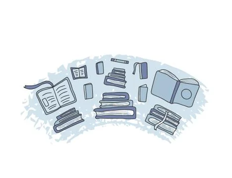 Book set in doodle style. Badge with symbols of reading. Book club emblem. Ve Stock Illustration