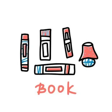 Book set in doodle style. Book club concept. Symbols of reading on white back Stock Illustration