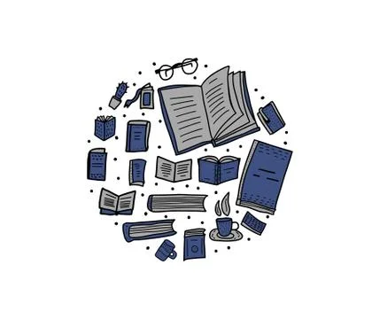 Book set in doodle style. Circle composition with symbols of reading. Vector  Stock Illustration