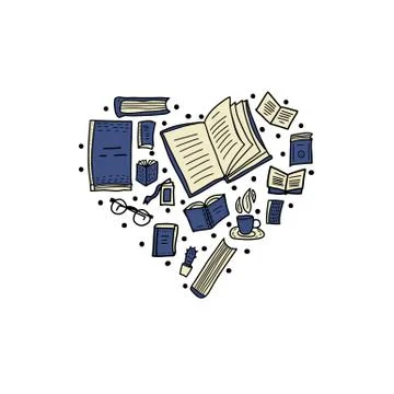 Book set in doodle style. Reading symbols heart composition. Vector illustrat Stock Illustration