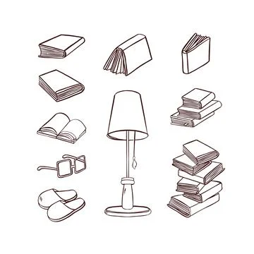 Book set for reading, textbooks, lamp, glasses line illustration Stock Illustration