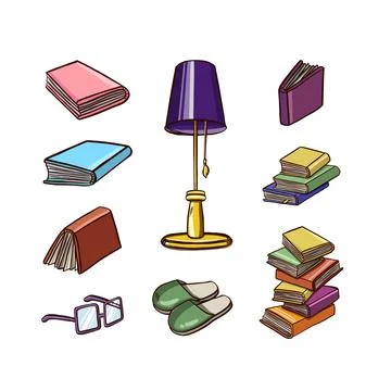Book set for reading, textbooks, lamp, glasses color Stock Illustration