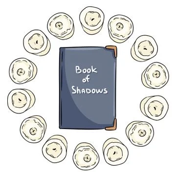 Book of Shadows witchcraft notebook doodle in a circle of white candles. Wicc Stock Illustration