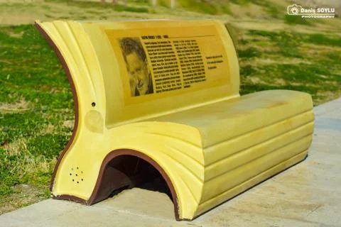 Book shaped bench in park Nazim Hikmet Ran, poet, pictured on Stock Photos