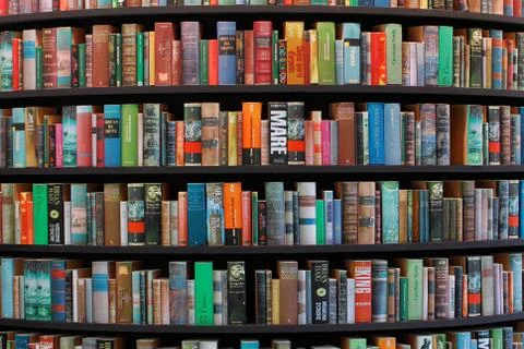 Book shelves in library different languages Rome Italy circa June 2012 Foto stock