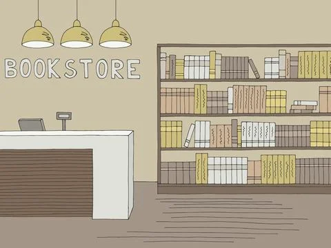Book shop store interior graphic color sketch illustration vector Stock Illustration