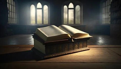 A book is sitting on a table in a dark room with windows and a light shinin.. Stock Illustration