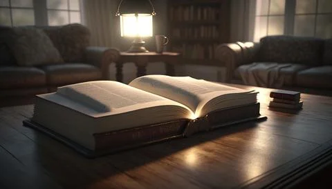 A book is sitting on a table with a lamp on it in a dark room photorealisti.. 스톡 일러스트
