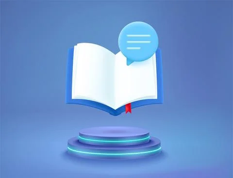 Book with speech cloud on neon podium. Vector 3d illustration Stock Illustration