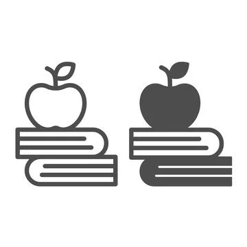 Book stack and apple, knowledge, study, learn line and solid icon, education Stock Illustration