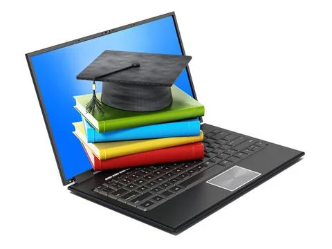 Book stack and graduation cap on laptop computer isolated on white backgro... Stock Photos