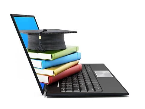 Book stack and graduation cap on laptop computer isolated on white backgro... Foto stock