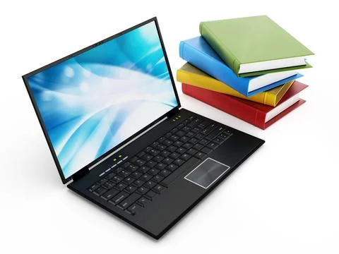 Book stack and laptop computer isolated on white background. 3D illustration 스톡 일러스트