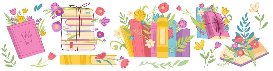 Book stack with flowers cartoon vector illustration Stock Illustration