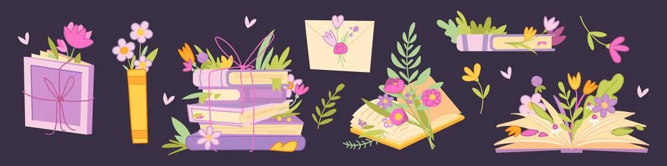 Book stack with flowers cartoon vector illustration Stock Illustration