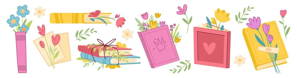 Book stack with flowers cartoon vector illustration Stock Illustration