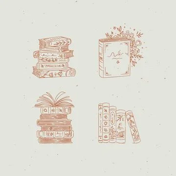 Book stack with flowers set brown Illustrazione stock