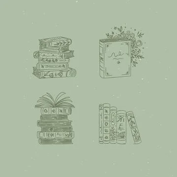Book stack with flowers set green Illustrazione stock