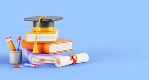 Book stack with graduation cap, certificate scroll, pen pencil cup on blue Illustrazione stock