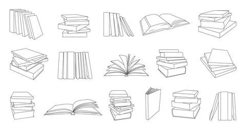 Book stack isometric simple sticker black line set Stock Illustration