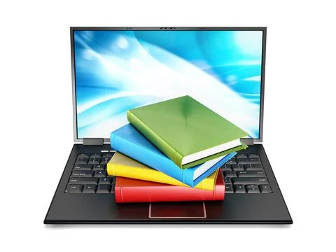Book stack on laptop computer isolated on white background. 3D illustration Stock Illustration