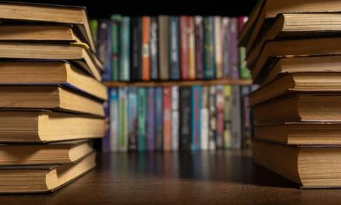 Book stack in the library room and blurred bookshelf for business and educa.. Foto stock