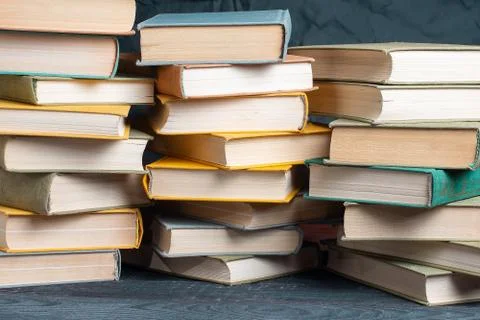Book stack in the library room, back to school concept Stock Photos