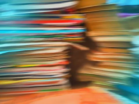 Book stack in the library room defocused background. Abstract blurred empty   Fotos Stock