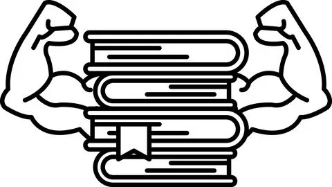 A book stack with a man's arms raised above it Stock Illustration