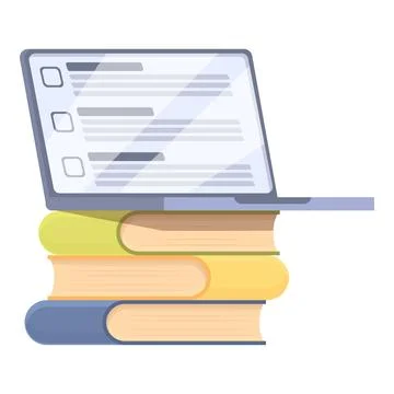 Book stack online exam icon cartoon . Computer test Stock Illustration