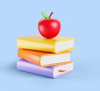 Book stack with red apple on top. Cartoon 3d render icon of literature pile with 스톡 일러스트