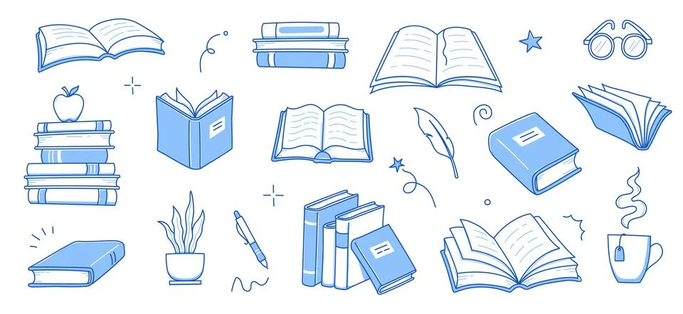 Book stack sketch set. Hand drawn sketch doodle style line book stack. Library Stock Illustration