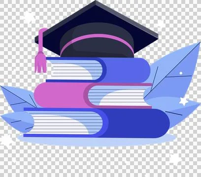 Book stack topped by mortarboard is floating in flat design with leaves, stars Stock Illustration