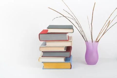 Book stacking. Open book, hardback books white background. Back to school. .. Stock Photos