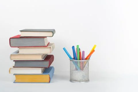 Book stacking. Open book, hardback books white background. Back to school. .. Stock Photos