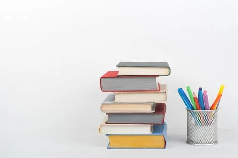 Book stacking. Open book, hardback books white background. Back to school. .. Stock Photos