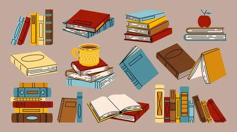 Book stacks with colorful covers, open and closed pages in various compositions. Stock Illustration