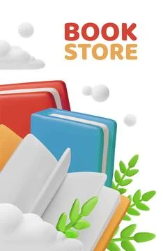 Book store 3D style vector poster design, colorful books, literature with leaves Illustrazione stock