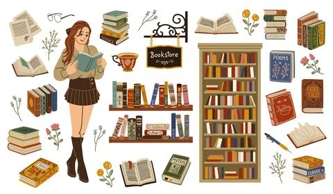 Book store elements. Cute bibliophile girl with book in hands, student reads Illustrazione stock