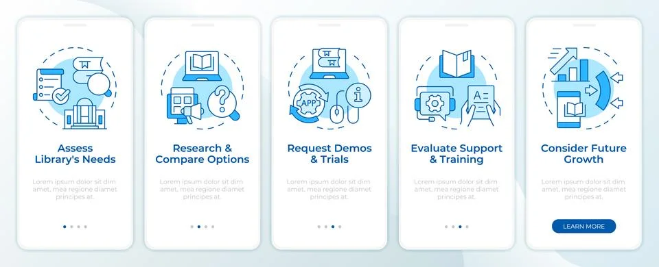 Book store management software blue onboarding mobile app screen Stock Illustration