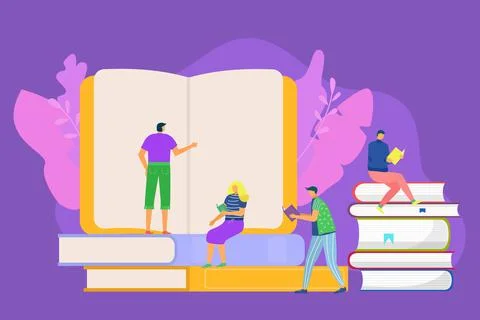 Book for student concept, vector illustration. Man woman character study in Stock Illustration