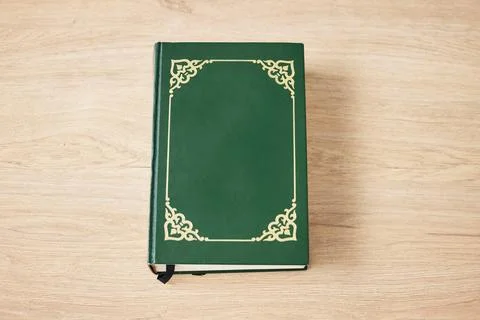 Book on table, mockup space and knowledge, reading and study scripture in faith Stock Photos
