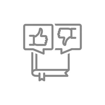 Book with thumb up and thumb down in speech bubbles line icon. Like and dislike Stock Illustration