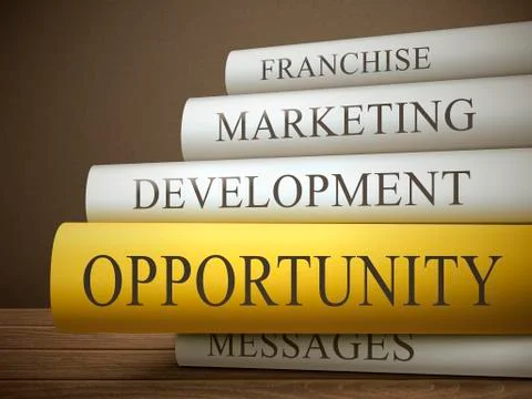 Book title of opportunity isolated on a wooden table Stock Illustration
