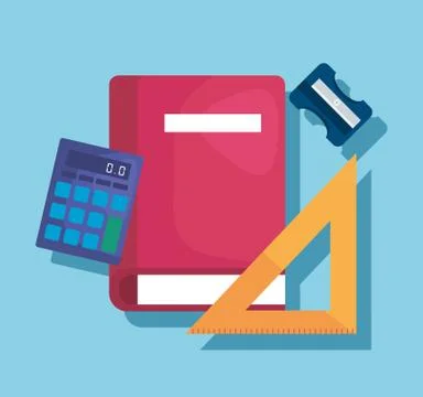 Book with triangle ruler and calculator elementary suppies 스톡 일러스트