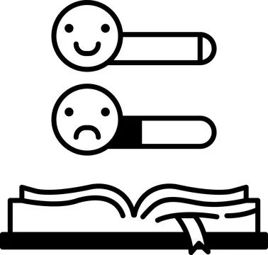 Book with two faces on the cover, one with a smile and the other with a frown Stock Illustration